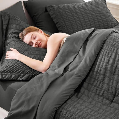CozyLux Oversized Queen Comforter Set Dark Grey Seersucker 7 Pieces 98x98 Bed in a Bag Comforter Set with Sheets, Luxury Soft Bedding Sets with Down Alternative Comforter, Sheets, Pillowcases & Shams