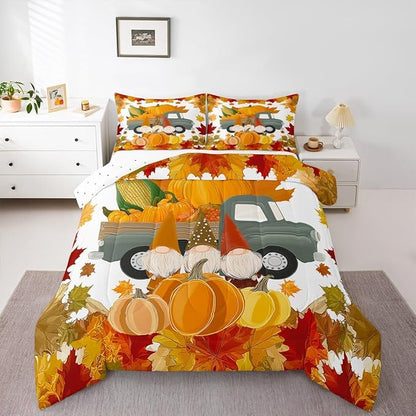 Fall Pumpkins Comforter Set Cute Autumn Gnomes Bedding Sets Thanksgiving Harvest Season Theme Comforter Twin Gifts For Kids Teen Adults,Maple Leaves Soft Microfiber Quilt Duvet 1 Pillow Case