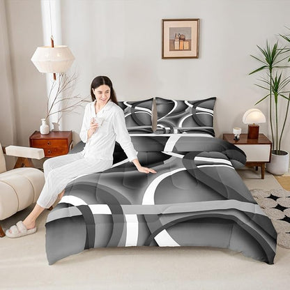 Castle Fairy Circle Geometric Comforter Set Gray Black Swirls Bedding Set for Kids Girls Women Adults Abstract Stripes Comforter Retro Style Quilted Duvet Set Bedroom Collection Twin Size 2Pcs