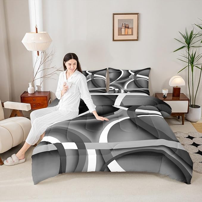 Castle Fairy Retro Circle Comforter Set Queen Size Gray Black Bedding Set for Kids Boys Girls Bedroom Decoration Stripe Line Art Bed Duvet Insert Geometric Modern Comforter with 2 Pillowcase