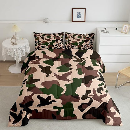 Erosebridal Duck Hunter Comforter Set Toddler Size Camo Bedding for Kids Army Camouflage Hunting Bedding Comforter Sets Vintage Green Black Bedroom Decor Wild Animal Duck Rustic Duvet Insert