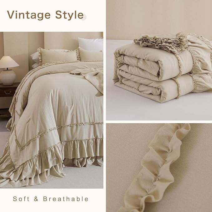 QSH Wheat Oversized California King Bed Comforter Set 128x120, Farmhouse Shabby Vintage Bedding Comforter with Ruffles French Country Comforter Soft Microfiber Fluffy Bedding 3 PCs