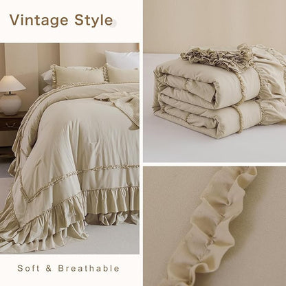QSH Wheat Oversized King Comforter Set 120x120, Farmhouse Ruffled Bedding Comforter French Country Shabby Vintage Bed Comforter Microfiber Soft Lightweight Fluffy Bedding 3 PCs