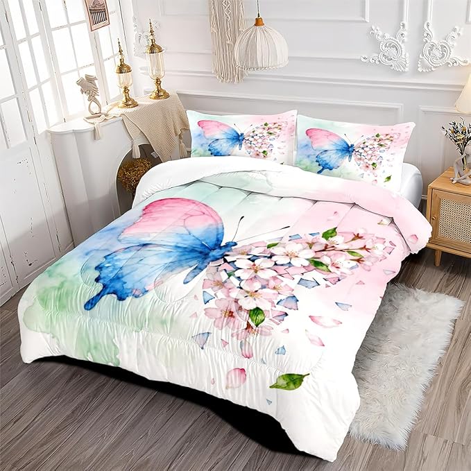 Butterfly Comforter Set Queen 3 Pieces Blue Pink Green Tie Dye Bedding Set for Kids Teens Butterflies Floral Cherry Blossoms Comforter with 2 Pillowcases, Super Soft Microfiber All Season