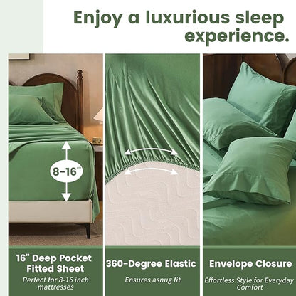 100% Linen Sheets King Size,Breathable & Durable 4-Piece Bed Flax Sheet Set,Soft All-Season Bedding for Hot Sleepers 16" Deep Pocket Oeko-TEX Certified,（King, Sage Green）