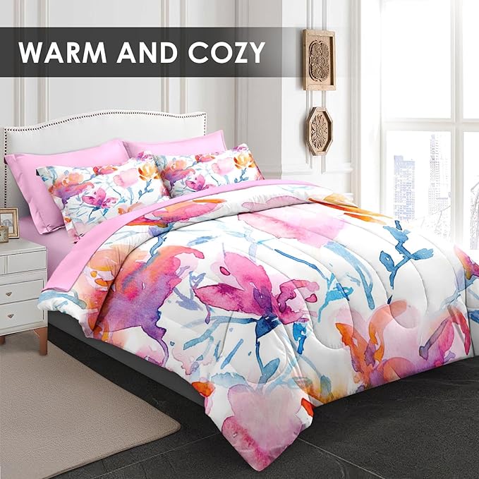 Comforter Set Full Size, Floral Spring Flower 7 Pcs Bedding for Kids and Adults, Vintage Tree Pink Bed Sheet Sets with Fitted Sheet 2 Pillowcases & 2 Shams for Bedroom Bed Decor