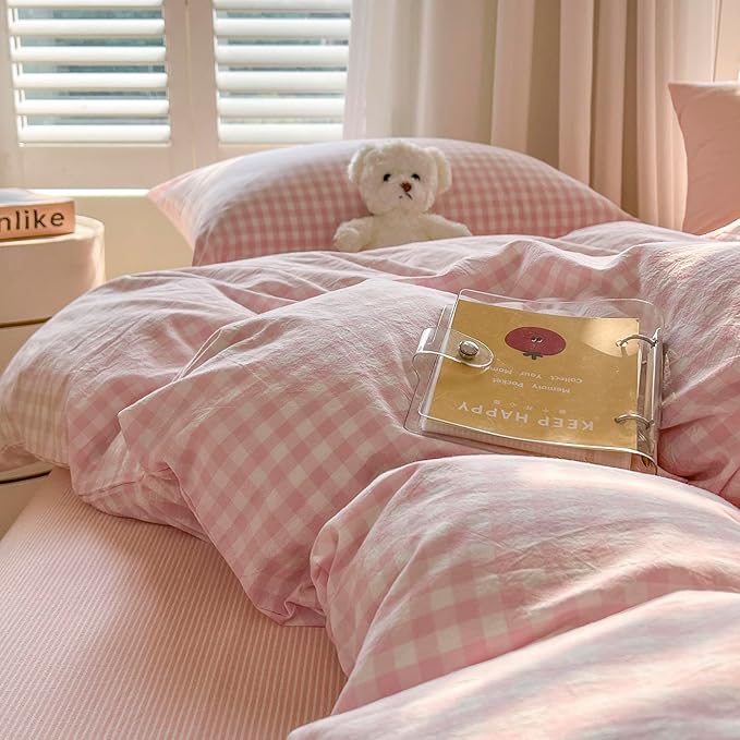 mixinni Gingham Comforter Set Twin XL Size - 3 Piece Light Pink Plaid Farmhouse Bedding, Soft Washed Cotton All-Season Comforter & Pillow Shams, Grid Pattern Classic Style for Boys Girls