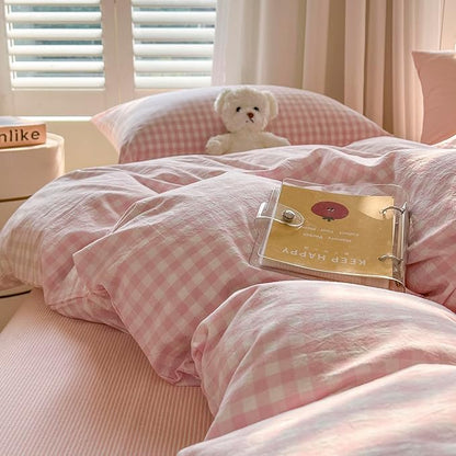 mixinni Light Pink Gingham Comforter Set King - 3 Piece Plaid Bedding Set, All-Season Soft Washed Cotton, Farmhouse Grid Pattern, Includes 1 Comforter & 2 Pillow Shams for Women Men
