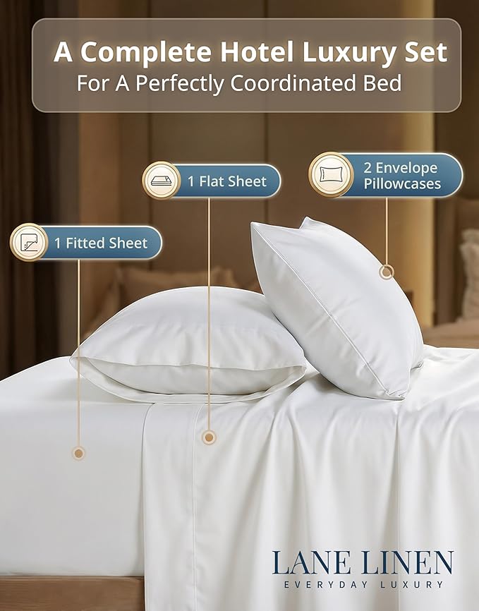 LANE LINEN 600 Thread Count 100% Cotton Cal King Sheet Set, Soft & Confy Hotel Style Thick White Cal King, Mercerized Cotton for Silky Finish, Fully Elasticized Fitted Sheet Luxury - White