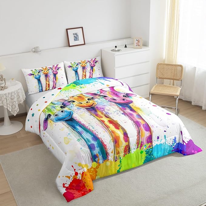 Manfei Watercolor Giraffe Comforter Set for Kids Adults,Rainbow Paint Graffiti African Wildlife Bedding Comforter Sets King,Hand Drawm Animals Cartoon Quilt Comforter with 2 Pillowcases