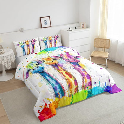 Manfei Watercolor Giraffe Comforter Set for Kids Adults,Rainbow Paint Graffiti African Wildlife Bedding Comforter Sets King,Hand Drawm Animals Cartoon Quilt Comforter with 2 Pillowcases
