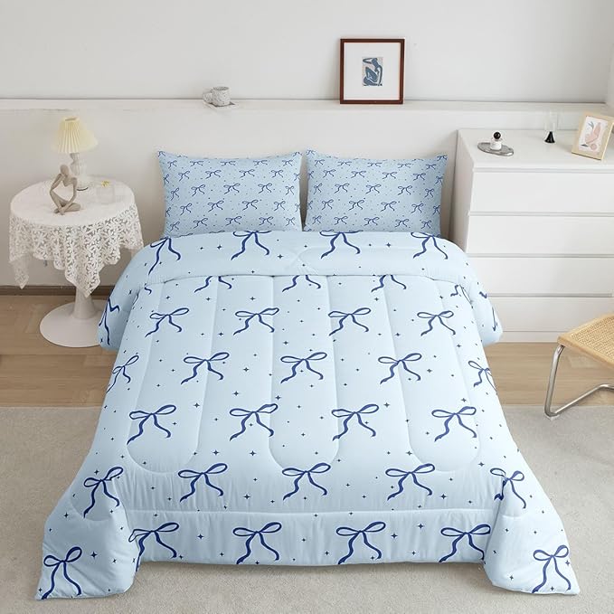 Erosebridal Blue Bow Comforter Set Queen Size Coquette Bows Bedding Set Trendy Cute Ribbon Bowknot Comforter for Teen Girls Kids Women Bedroom Girly Preppy Princess Quilt Duvet