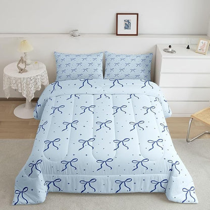 Erosebridal Blue Bow Comforter Set Queen Size Coquette Bows Bedding Set Trendy Cute Ribbon Bowknot Comforter for Teen Girls Kids Women Bedroom Girly Preppy Princess Quilt Duvet
