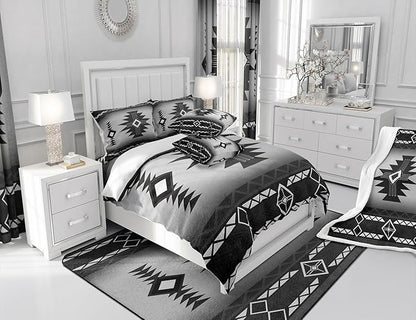 Southwest Comforter Set Queen Size,Southwestern Aztec Bedding Set 3Pcs Vintage Tribal Geometric Pattern Quilt Set for Kids Teens Boys Adult Room Decor,White Grey Duvet Insert,2 Pillowcases