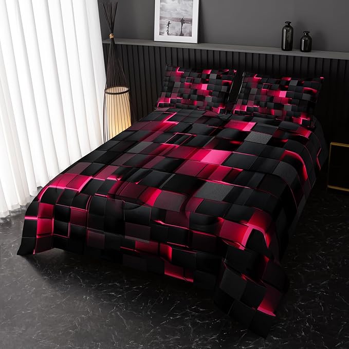 Neon Pink Black Comforter Set Full Geometric Kids Bedding Set,3 PCS Geometry Honeycomb Bed Set Modern Quilt Set 1 Comforter 2 Pillow Cases Cool Room Decor All Season B-Side Black
