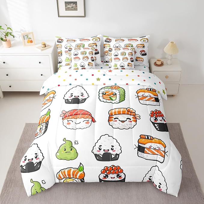 Feelyou Cute Sushi Comforter Set Twin Size 7 Pcs Japanese Nigiri Comforter Bed in a Bag Kawaii Japan Mustard Bedding Set for Boys Girls Teens Bed Set with Sheets, Pillowcases, Pillow Covers