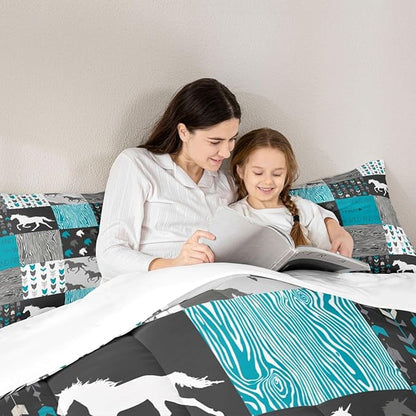 Horse Comforter Set King Size Patchwork Teal Unicorn Bedding Set For Kids Boys Girls Black Gray Wild Horses Wood Grain Down Comforter Geometric Lattice Arrow Grid Animal Room Decor Duvet Set