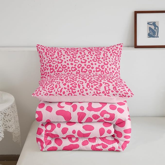 Feelyou Cute Leopard Bedding Set Cheetah Comforter Set for Kids Boys Girls Teens Room Decor Pink Animal Print Comforter Toddler Size Safari Duvet Set 2Pcs