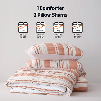 Amazon Basics Comforter Set, 3-Piece Jacquard Microfiber Comforter and 2 Pillow Shams, All-Season Bedding, Queen, Pink Striped