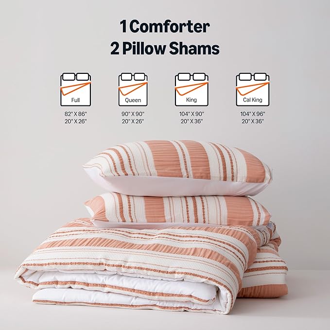 Amazon Basics Comforter Set, 3-Piece Jacquard Microfiber Comforter and 2 Pillow Shams, All-Season Bedding, King, Pink Striped