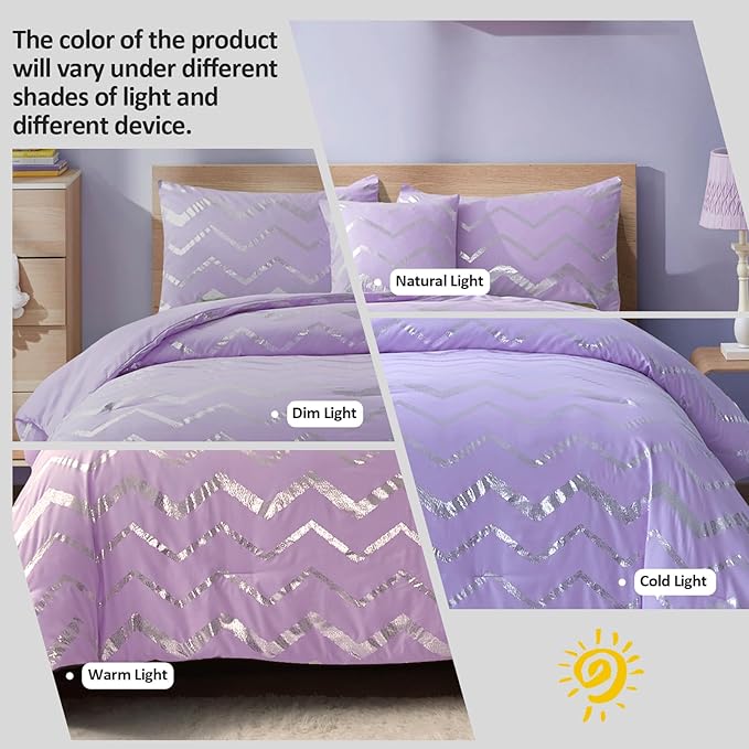 Menghomeus Purple/Silver Comforter Set King Lavender Metallic Print Glitter Bed Comforter Cute Shinny Bedding for Teen Girls Kids Women, 4 Piece (2 Pillowcases, 1 Decorative Pillow Sham)