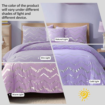 Menghomeus Purple/Silver Comforter Set Twin Lavender Metallic Print Glitter Bed Comforter Cute Shinny Bedding for Teen Girls Kids Women, 3 Piece (1 Pillowcase, 1 Decorative Pillow Sham)