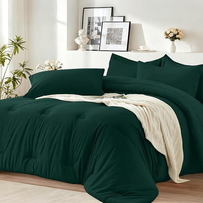 Queen Comforter Set 7 Piece - Soft Bed in a Bag Queen Size Comforter Sets, Cozy Luxury Bedding Sets with All Season Comforter, Flat Sheet, Fitted Sheet,2 Pillowcases & 2 Shams, Dark Green