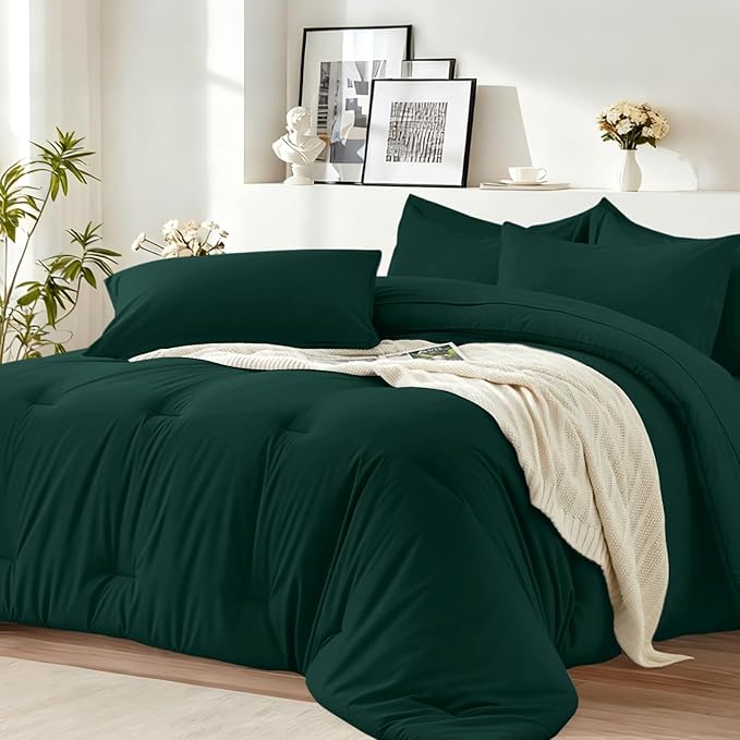 California King Size Comforter Set 7 Pieces - Soft Bed in a Bag King Bed Set, Cozy Luxury Bedding Sets with All Season Comforter, Flat Sheet, Fitted Sheet, 2 Pillowcases & 2 Shams, Dark Green