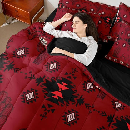 Erosebridal Red Southwestern Bedding Set Twin Vintage Western Aztec Comforter Set 7 Piece Bohemian Geometric Country Bed in A Bag Rustic Cactus Bull Skull Boho Tribal Quilt with Flat Fitted Sheet