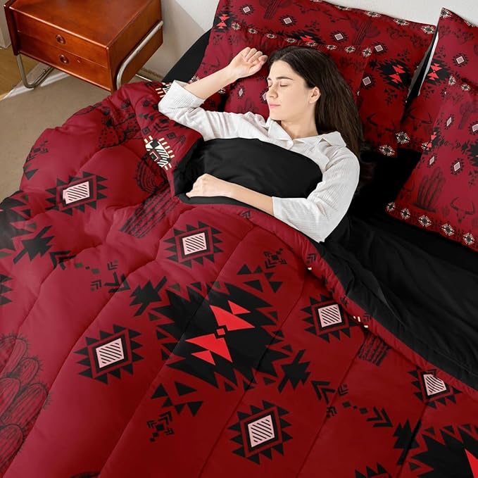 Erosebridal Red Southwestern Bedding Set Full Vintage Western Aztec Comforter Set 7 Piece Bohemian Geometric Country Bed in A Bag Rustic Cactus Bull Skull Boho Tribal Quilt with Flat Fitted Sheet