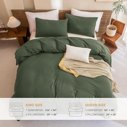 Sanracie Cotton Olive Green Comforter Set King Size,Dark Green Bedding Comforters Set Solid,3 Pieces(1 Aesthetic Comforter and 2 Pillowcases) Soft Lightweight Bed Set for All Season