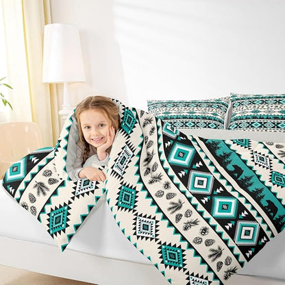 Green Aztec Pattern Kids Comforter Set,Ethnic Geometric Stripes Down Alternative Adults Bedroom Decor,Southwest Tribal Style Bear Wild Animals Ultra Soft Inner Fill 3Pcs Bedding Queen Size