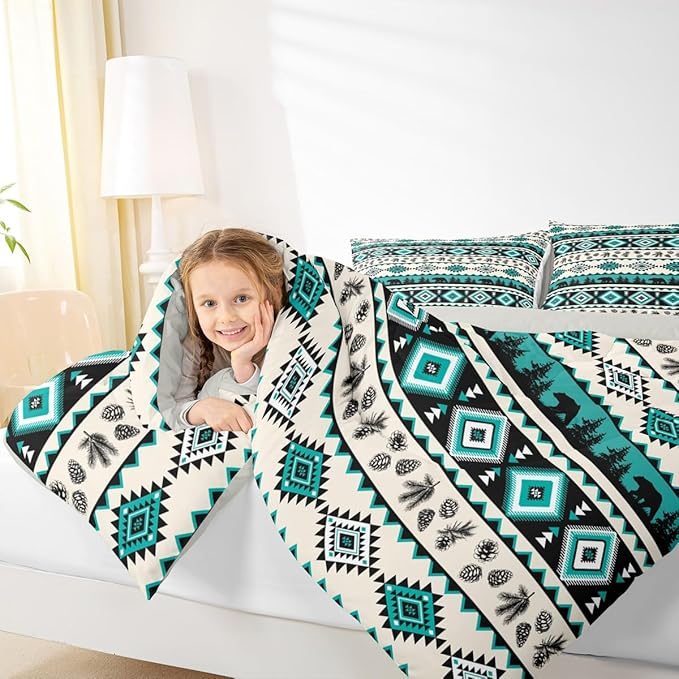 Green Aztec Pattern Bedding Set for Boys Girls,Southwest Tribal Style Bear Wild Animals All Season Cozy Comforter Set Full Size,Ethnic Geometric Stripes Duvet Set Bedroom Decor,Birthday Gifts