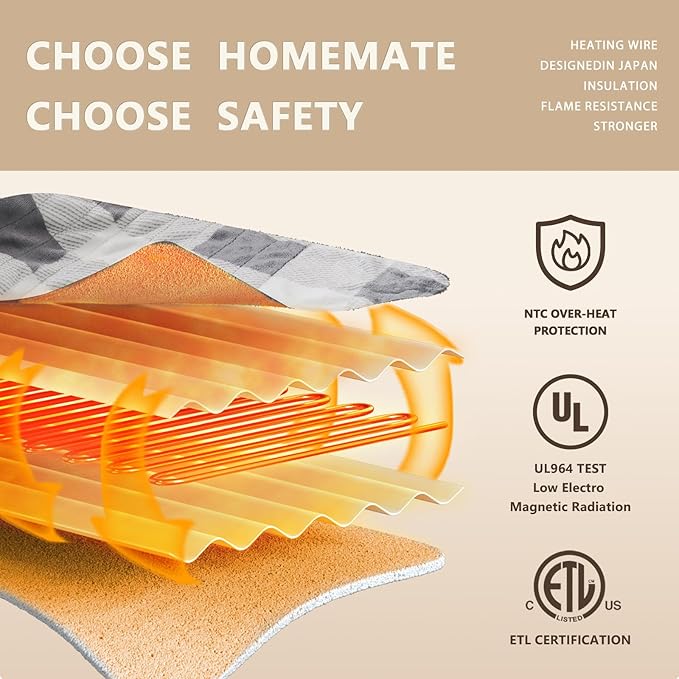 Homemate Electric Blanket Heated Twin Size - 62“x84“ Ultra Soft Cozy Flannel Heating Blanket with 10 Fast Heat Levels 8 Hours Auto Off Over-Heated Protection ETL Certification Keep Warm in Home