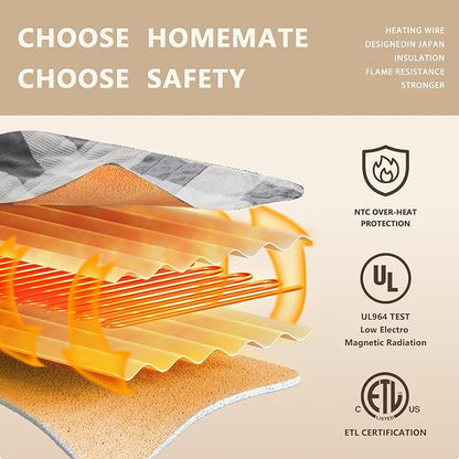 Homemate Electric Blanket Heated Twin Size - 62“x84“ Ultra Soft Cozy Flannel Heating Blanket with 10 Fast Heat Levels 8 Hours Auto Off Over-Heated Protection ETL Certification Keep Warm in Home