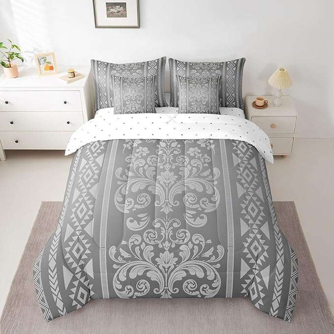 Comforter Set Twin Size, Light Grey Damask Aztec 7 Pcs Bedding for Kids and Adults, Antique Decor Western Baroque Gothic Bed Sheet Sets with Fitted Sheet 2 Pillowcases & 2 Shams for Bedroom Bed Decor