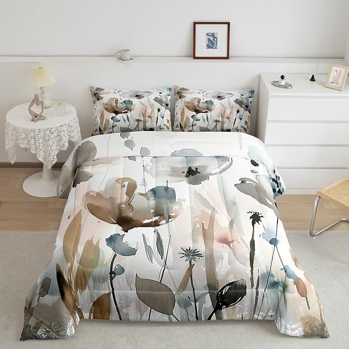 Erosebridal Boho Wildflower Comforter Set Queen Grunge Abstract Floral Bedding Set for Kids Girls Women,Spring Farmhouse Botanical Bedding Comforter Sets Rustic Country Bed Set Brown Blue