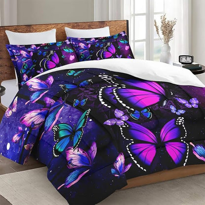Comforter Set Queen Size with 2 Pillowcases, Summer Tropical Purple Butterfly 3 Pcs Bedding for Kids and Adults, Vintage Spring Galaxy Space Soft Comforter Set for Bedroom Bed Decor