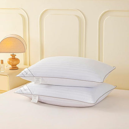 Goose Feather Down Bed Pillow for Sleeping, Hotel Collection Queen Size Soft Bed Pillow,100% Cotton Cover Queen Size Stripe White 1 Pack