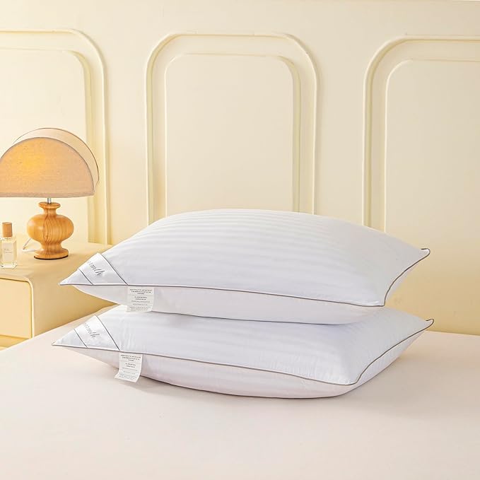 Standard Goose Feather Down Pillow, 100% Soft Cotton Cover Bed Pillow for Sleeping Standard Size (20X26IN) Stripe White 1 Pack