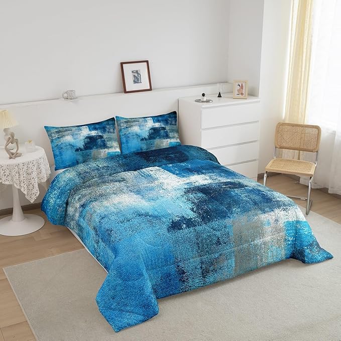 Erosebridal Turquoise and Grey Comforter Set Full,Retro Teal Ombre Bedding Set for Adult,Watercolor Artwork Bedding Comforter Sets Bedroom Decor,Contemporary Duvet Insert with 2 Pillowcases