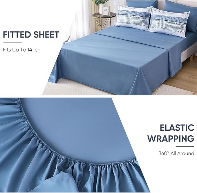 Drucon 7 Piece Striped Comforter Set King Size Light Blue Bed in a Bag, Soft Microfiber Complete Bedding Set with Sheets for All Season