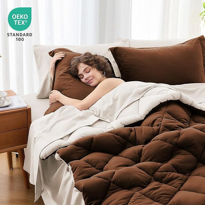 MUXHOMO 5 Pieces Twin Comforter Set, Reversible Bed in a Bag Twin Size, All Season Bedding Set with Comforter, Flat Sheet, Fitted Sheet, Pillowcases & Shams, Brown & Khaki