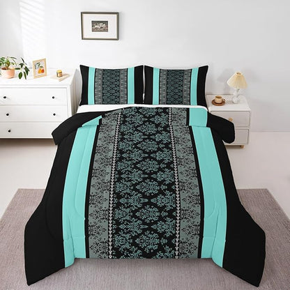 jejeloiu Adult Classic Jacquard Bedding Set Queen Size Damask Pattern Comforter Set for Boys Girls Black Teal Stripe Duvet Set Baroque Quilt Set 3Pcs