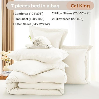 MUXHOMO 7 Pieces California King Comforter Set, Soft Bed in a Bag Cal King Size, All Season Bedding Set with Comforter, Flat Sheet, Fitted Sheet, Pillowcases & Shams, Ivory