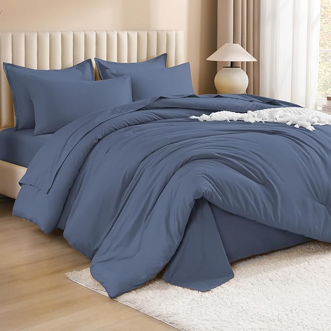 Litanika Full Size Comforter Sets Bluish Grey - 7 Pieces Bed in a Bag Full Bedding Comforter Sets, Solid Lightweight Bed Set with Comforter, Sheets, Pillowcases & Shams