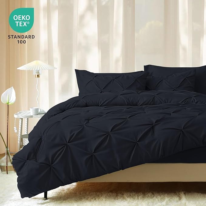 JOLLYVOGUE Queen Comforter Set 7 Pieces - Bed in a Bag Queen for All Season, Pintuck Bedding Comforter Sets with Comforter, Flat Sheet, Fitted Sheet and Pillowcases & Shams, Black