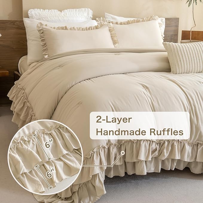 Masaca Farmhouse King Size Comforter Set,Shabby Boho Chic Bedding Ruffled King Bed Comforter Vintage Rustic French Country Bedding Sets 3 Pieces (1 Ruffle Comforter and 2 Pillowcases)