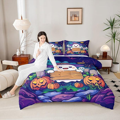 Erosebridal Kids Halloween Full Bedding Set, Cute Ghost Comforter Set Spooky Halloween Decor Comforter for Boys Girls Teens Youth Adults Bedroom, Pumpkin Lantern Cartoon Graveyard Gothic Quilt