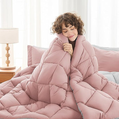 MUXHOMO 7 Pieces Queen Comforter Set, Reversible Bed in a Bag Queen Size, All Season Bedding Set with Comforter, Flat Sheet, Fitted Sheet, Pillowcases & Shams, Pink & Light Grey